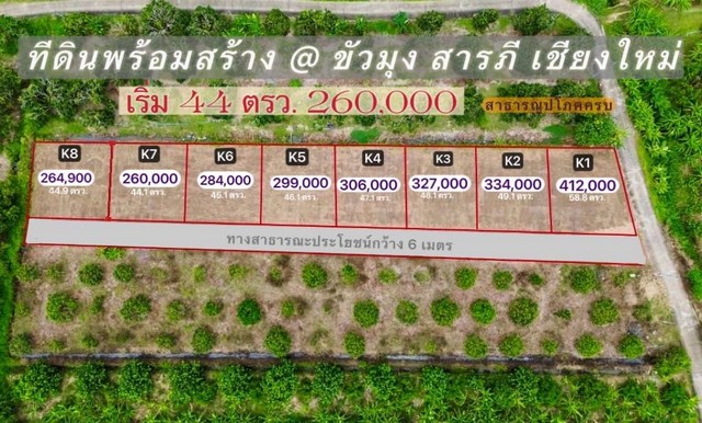 ขายที่ดิน 44-59ตรว. เริ่ม260,000บ. ฟรีโอน ถนน น้ำ ไฟฟ้า ใกล้วัดขัวมุง ต.ขัวมุง อ.สารภี เชียงใหม่