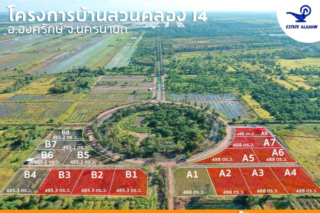 ขายที่ดินเปล่า โครงการบ้านสวนคลอง 14 รอบวงเวียน องครักษ์ นครนายก ขนาด 485 ตร.วา แปลง B4 ที่สวย เหมาะสร้างที่อยู่อาศัย